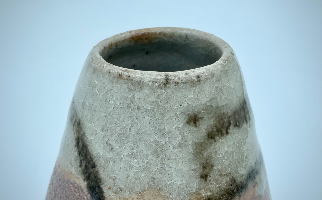 detail of woodfired bud vase - shino glaze, local iron-rich clay decoration